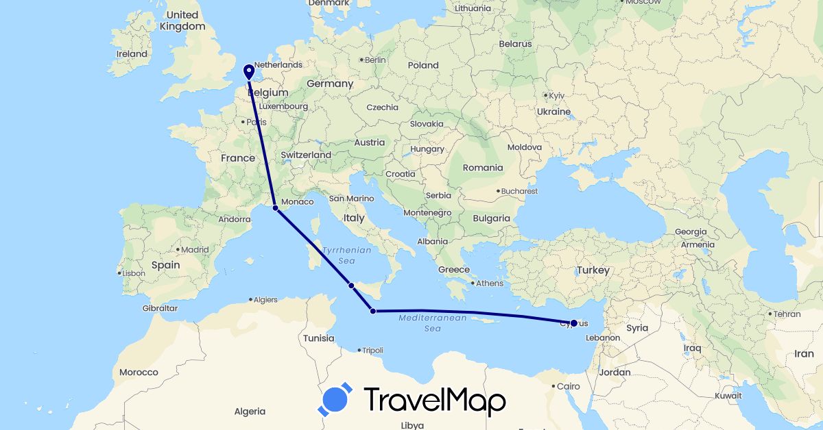 TravelMap itinerary: driving in Belgium, Cyprus, France, Italy, Malta (Asia, Europe)